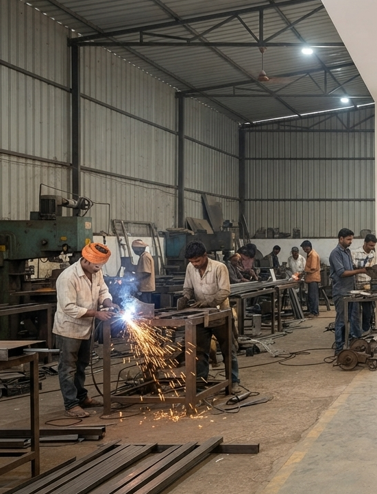 Auracraft Overseas manufacturing workshop and export showroom showing metal fabrication and Rajasthani handicrafts