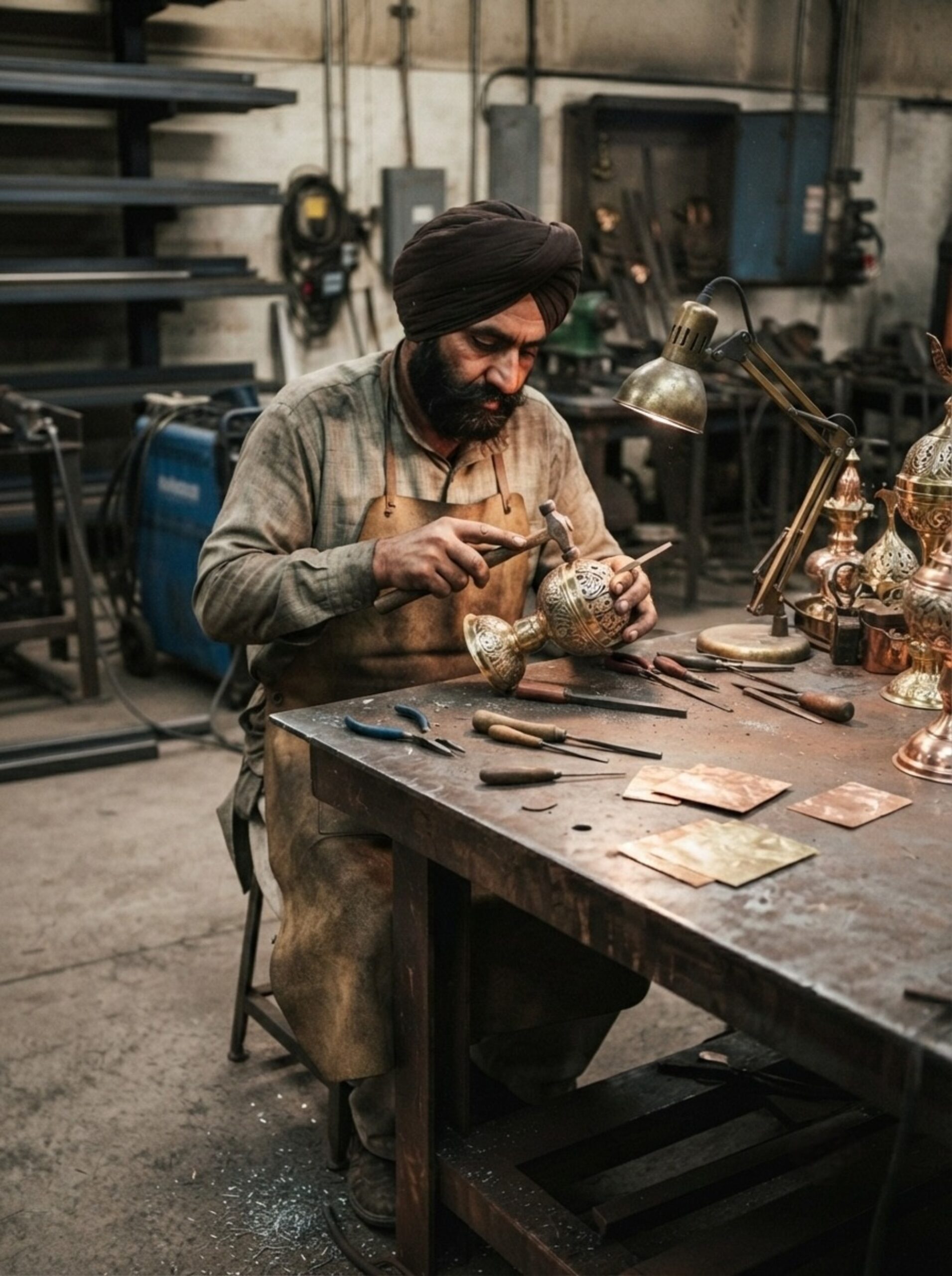 Skilled Rajasthani artisan crafting traditional metal handicrafts in Auracraft Overseas workshop