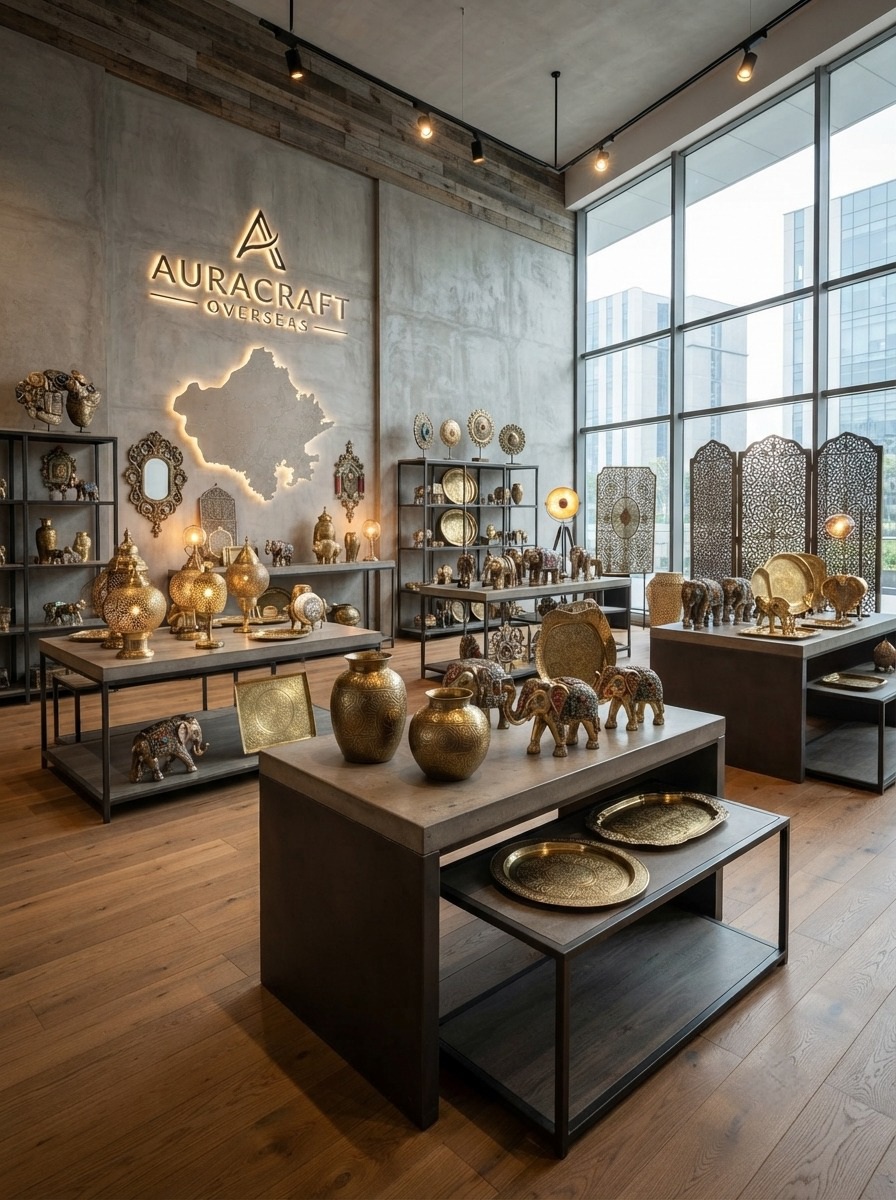 Auracraft Overseas premium metal handicrafts and brass artifacts displayed in our export showroom